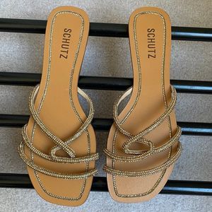SCHUTZ Women Honey Leather Gemstone Slide Sandals - NEW NWOB